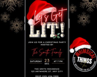 Invito digitale per la festa di Natale "Lets Get Lit" in rosso neon, modello di invito video per aperitivi natalizi auto-modificabile, volantino natalizio animato in formato elettronico