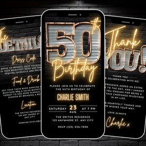 Convite digital de 50 anos para homens, 50 convites digitais eCard, convite para festa de churrasco rústico Fifty para ele, modelo editável de 50 convites