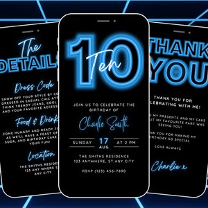 Modèle animé d'invitation pour 10e anniversaire pour garçons, néon d'invitation à une fête 10e anniversaire, Evite numérique pour 10e anniversaire, itinéraire et carte virtuelle de remerciement