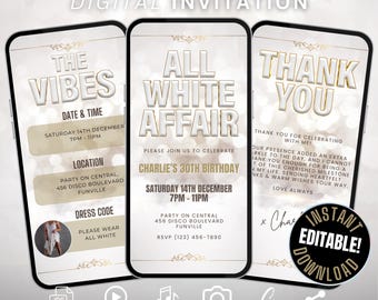 All White Party Invitation Digital, Editable Birthday Dinner Invite, All White Affair Itinerary, & Thank You eCard, Winter White Party Evite