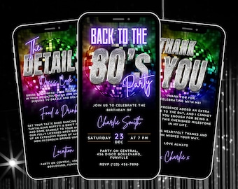 Digital Back to the 80s Party Invite Template, Editable Eighties Disco Birthday Video Invitation, Self Edit Mobile Phone Invitation Suite