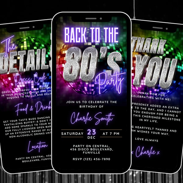 Digital Back to the 80s Party Invite Template, Editable Eighties Disco Birthday Video Invitation, Self Edit Mobile Phone Invitation Suite