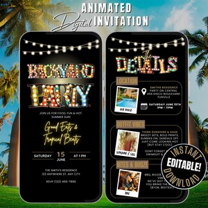 May include: Animated digital invitation for a backyard party. The design features a black background with text in a colorful, illuminated font. Details include the date, time, location, and RSVP information. The invitation also includes images of food and drinks.