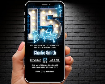 Digital 15th Birthday Invitation for Boys Girls, 15th Birthday Invite Editable Template, Teenager Invites Neon Blue 15 year old Phone Evite