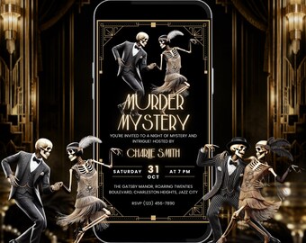 Könnte beinhalten: Eine digitale Einladung für ein Murder Mystery Event mit Skeletten in Kleidung der 1920er Jahre. Der Text lautet: Murder Mystery, You're invited to a night of mystery and intrigue! Hosted by Charlie Smith, Saturday 31 Oct at 7 PM, The Gatsby Manor.