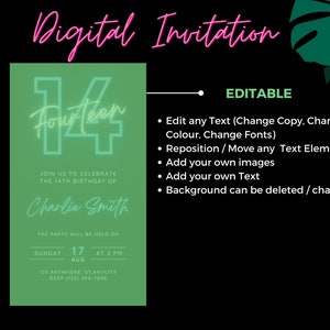 May include: Digital invitation with a green background and the word "Fourteen" in a stylized font. The invitation includes details for a birthday party, with editable text options. The text reads "Join us to celebrate the 14th birthday of Charlie Smith."
