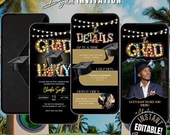 Digital Graduation Party Invite Itinerary Template with Photo, Animated Editable Festival Theme Grad Party Invitation, Backyard Grad Party