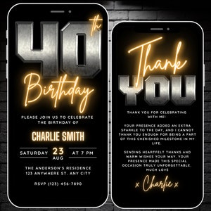Digital 40th Birthday Invitation for Men, Forty Birthday Invite, Silver 40th Party Invite for Him, Editable Thank You eCard Canva Template