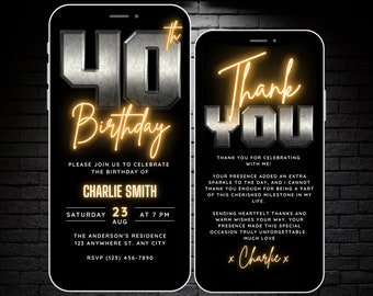 Digital 40th Birthday Invitation for Men, Forty Birthday Invite, Silver 40th Party Invite for Him, Editable Thank You eCard Canva Template