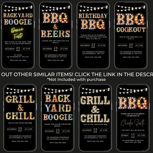 K&ouml;nnte beinhalten: Satz von 10 digitalen druckbaren Einladungen f&uuml;r ein Barbecue im Garten, Grillen und Entspannen oder eine Geburtstagsfeier. Die Einladungen haben einen schwarzen Hintergrund mit bunten Gl&uuml;hbirnen und Text, der "Backyard Boogie Dance Fest", "BBQ & Beers", "Birthday BBQ", "BBQ Cookout", "Grill & Chill", "Backyard Boogie", "Grill & Chill" und "BBQ" lautet.