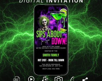 May include: Animated digital invitation with a green background and a cartoon image of a character from the film "Beetlejuice". The text on the invitation reads "Sips About To Go Down!" and includes details about a Halloween party hosted by the Smith family.