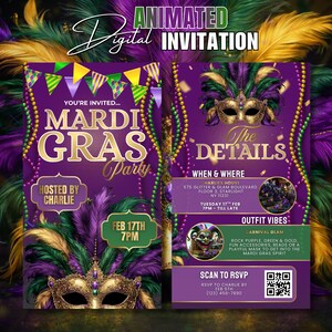 May include: Animated digital invitation for a Mardi Gras party. The design features a purple background with gold accents, a decorative mask, and colorful feathers. The invitation includes event details and a QR code for RSVP.