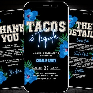 Digital Tacos & Tequila Invitation, Animated Birthday Invite, Womens Blue Tropical Party Evite, Mens 40th Birthday BBQ, Editable Template
