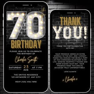 Invitación de cumpleaños número 70 para hombres, plantilla de Canva de invitación digital número 70 en oro negro, invitación telefónica para fiesta de setenta días y tarjeta de agradecimiento