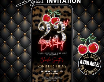 23rd Cheetah Print Birthday Invitation, Leopard Jungle Glam Evite, Animated Red Cherry Party Flyer, Adult Birthday Dinner & Drinks Invite