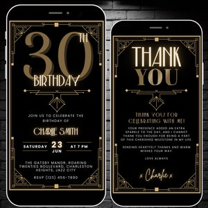 Gatsby 1920er Jahre Motto Party Invite, Flüsterkneipe Geburtstag Einladung Vorlage, Digitale 30. Geburtstag Papierlose Mobile Einladung & Danke Karte