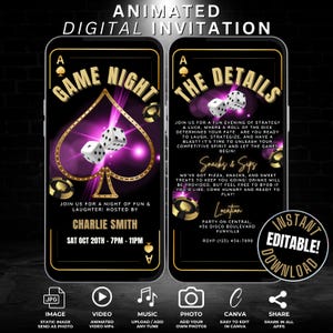 Invitación animada para una noche de juegos para adultos, video de invitación digital para una noche de juegos en familia, noche de espadas, noche de juegos de cumpleaños, plantilla editable