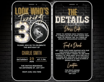Mens 30th Birthday Invitation with Photo, Look Who's Turning 30, Digital 30th Invite Template, Thirty Party Evite, Phone Invite & Details