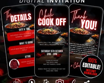 Animated Chili Cook Off Invitation, Self Edit Chili Party Invite Details & Thank You eCard, Friendsgiving Invitation, Chili Cook-Off Evite