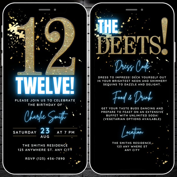 Girls Animated 12th Birthday Invitation Template, Digital 12 Birthday Party Invite Boys, Blue Neon Editable Twelve Bday Evite & Itinerary