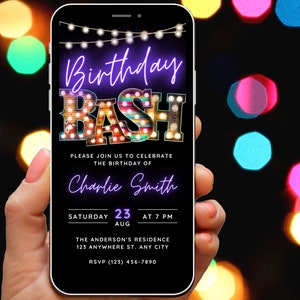 Birthday Bash Invitation Template Digital Invites for her him, Neon Purple Girl Boy Birthday Invite Fun Funky Bday Party Instant Download
