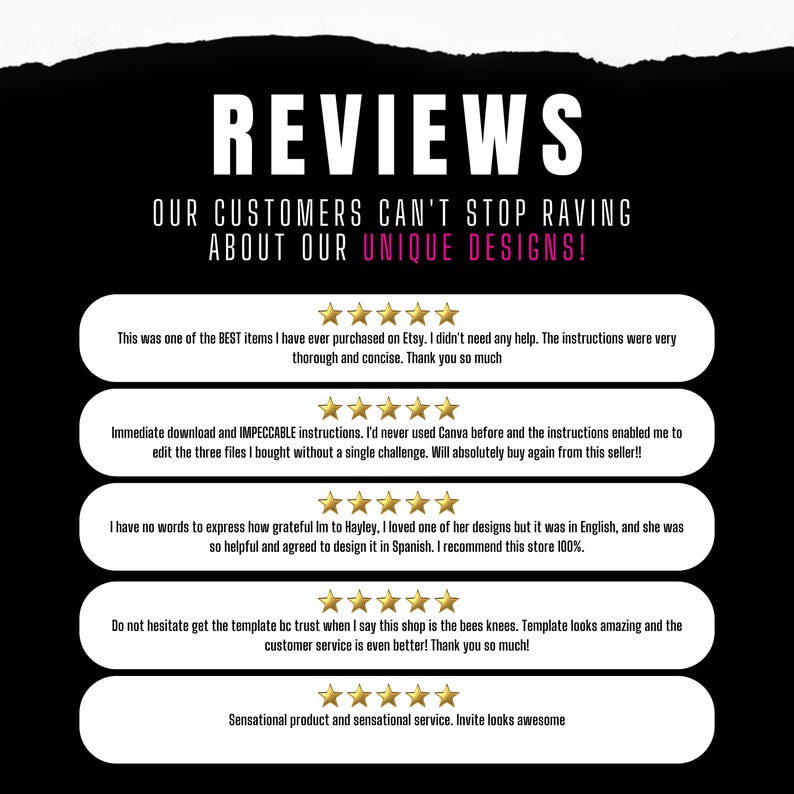 May include: A screenshot of a website with customer reviews about unique designs. The reviews are all positive and highlight the quality of the products and the excellent customer service. The reviews are displayed in a white box with a black background.