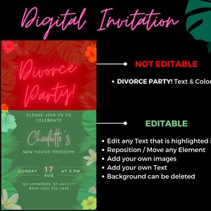 Op de afbeelding: Een digitale uitnodiging voor een scheidingsparty met een tropisch thema. De uitnodiging heeft een groene en rode achtergrond met tropische bladeren en bloemen. De tekst "Divorce Party!" is in neonroze en de tekst "Charlotte's New Found Freedom!" is in groen. De datum en tijd van het feest zijn aangegeven als "Zondag 17 augustus om 14:00 uur".