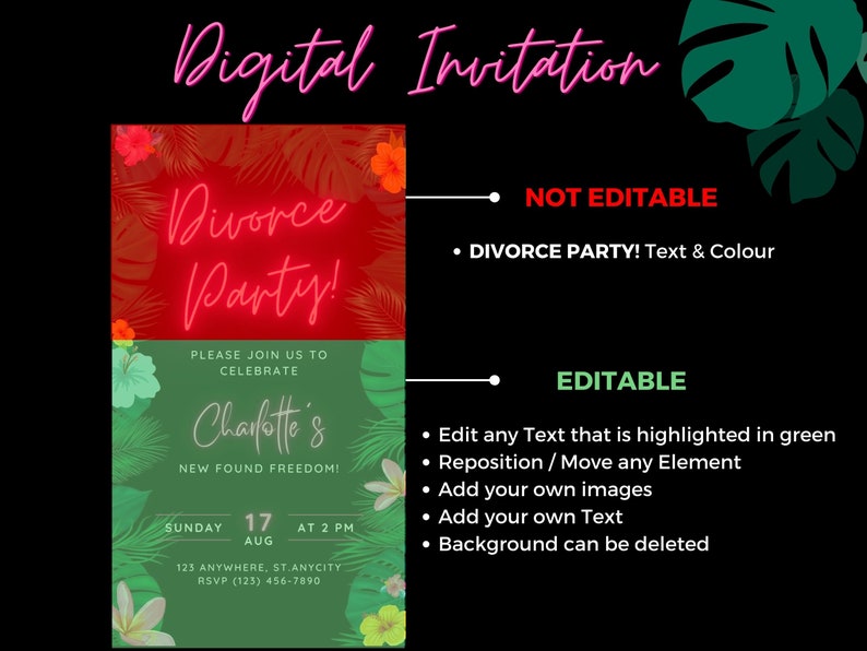 Op de afbeelding: Een digitale uitnodiging voor een scheidingsparty met een tropisch thema. De uitnodiging heeft een groene en rode achtergrond met tropische bladeren en bloemen. De tekst "Divorce Party!" is in neonroze en de tekst "Charlotte's New Found Freedom!" is in groen. De datum en tijd van het feest zijn aangegeven als "Zondag 17 augustus om 14:00 uur".