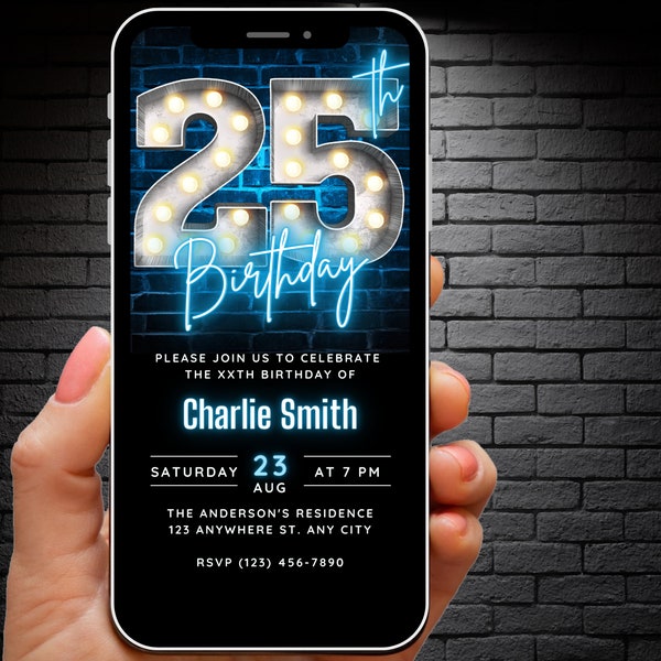 Editable 25th Birthday Invitation for Men Digital Template, Adult Invites Blue, 25th Birthday Invite, 25 th Party Evite Modern Trendy Ecard