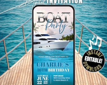 Yacht Invitation, Boat Party Animated Invitation, Editable Yacht Party Video Invitation, Boat Digital Invitation, Silver Yacht Party Invite