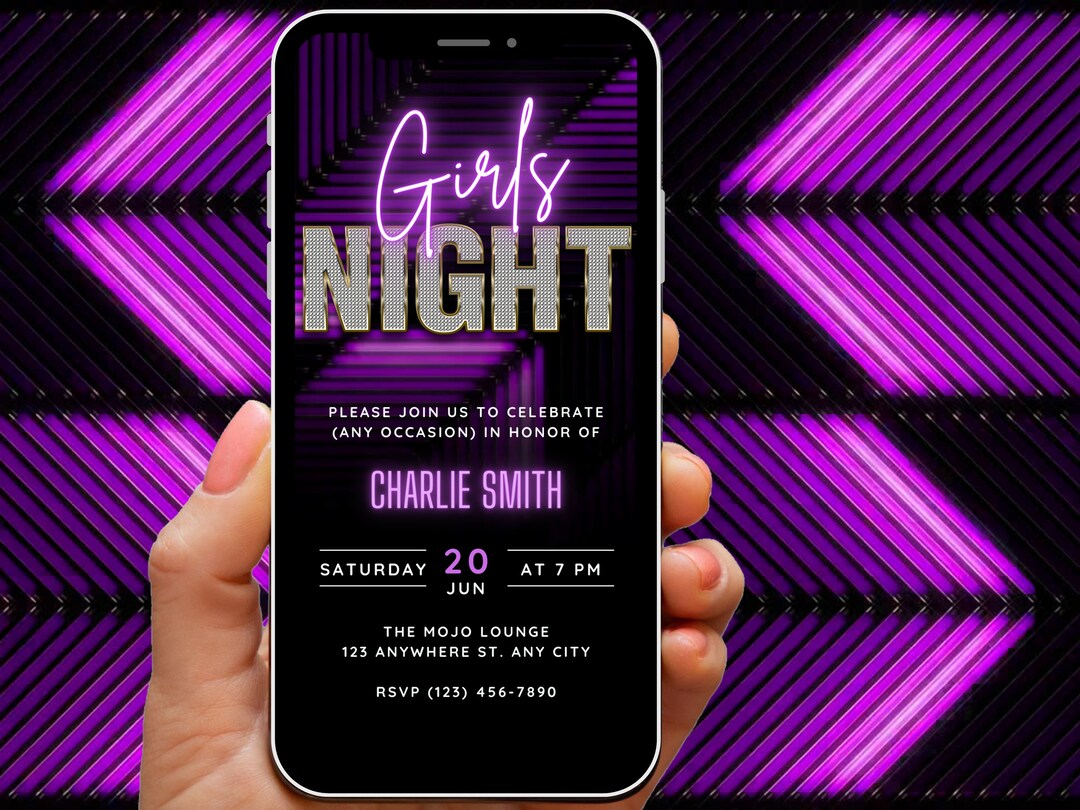 Digital Girls Night Out Invitation, Ladies Animated Neon Purple ...