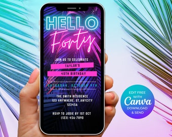 Digital Hello 40 40th Birthday Invitation Template, Tropical Themed party Invitation, Virtual Invitation, Electronic Invite, Hello Forty