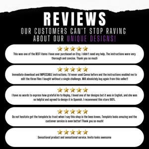 Peut inclure: Graphique noir et blanc avec le mot &laquo;&nbsp;REVIEWS&nbsp;&raquo; en haut. Le texte &laquo;&nbsp;OUR CUSTOMERS CAN'T STOP RAVING ABOUT OUR UNIQUE DESIGNS!&nbsp;&raquo; est en dessous. Des avis clients sont affich&eacute;s avec des &eacute;valuations par &eacute;toiles.