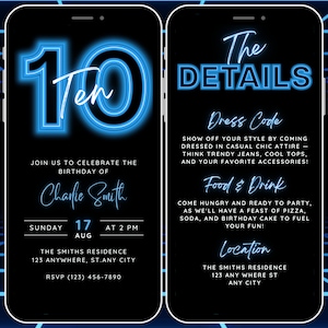 Animierte 10th Birthday Einladungsvorlage für Jungen, bearbeitbare 10th Birthday Party Invite Neon Blau, Digital Tenth Party Evite & Reiseverlauf