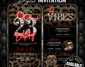 23rd Cheetah Print Birthday Invitation & Vibes Leopard Print Evite, Animated Red Cherry Party Flyer, Adult Birthday Dinner and Drinks Invite