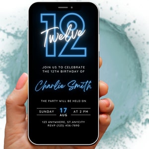 Digital Neon Blue 12th Birthday Invitation for Boys - Editable Twelfth Birthday Party Invite Template, Virtual Invitation Fully Customisable