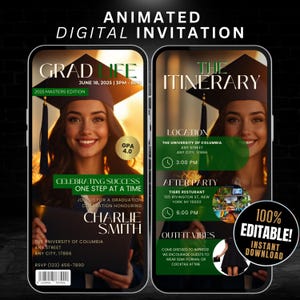Digitale Graduierung Einladung Vorlage, bearbeitbare Graduierung Magazin Ankündigung Evite, Masters Degree, Klasse von 2025 Grad Party lädt ein