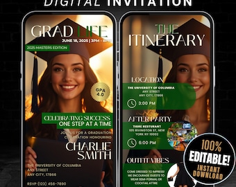 Digital Graduation Invitation Template, Editable Graduation Magazine Announcement Evite, Masters Degree, Class of 2025 Grad Party Invites
