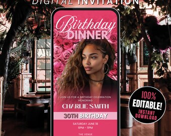 Floral Birthday Dinner Invitation Digital Birthday Party Invite Video, Dinner Invite with Photo Self Editable Template, Pink Rose Flyer