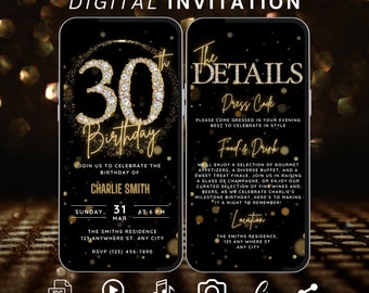 Digital 30th Birthday Invitation for Women, Animated Thirty Invite for Men, Black & Gold Diamond Surprise Party Whatsapp Electronic Evite