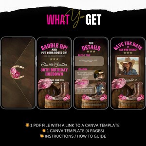 May include: A digital invitation for a 30th birthday party with a western theme. The invitation features a pink horseshoe, cowboy boots, and a wooden barrel with pink flowers. The text on the invitation reads "Saddle Up! And Put Your Boots On!" and "Charlie Smiths 30th Birthday Hoedown".