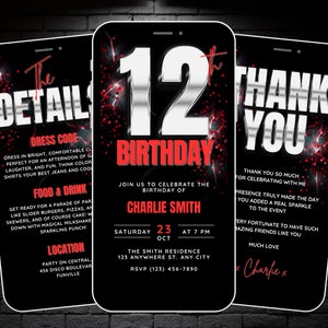 Faire-part pour 12e anniversaire de garçon, argent, rouge noir, 12 ans, invitation vidéo d'anniversaire, numérique modifiable 12e anniversaire de fête avec détails, carte électronique