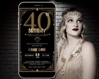 Black & Gold Gatsby 1920s Themed Party Invite, Editable Art Deco Birthday Invitation Template, Digital 40th Birthday Electronic Mobile Evite
