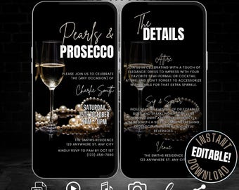 Puede incluir: Una invitación digital negra y dorada para una fiesta llamada "Pearls & Prosecco". La invitación presenta una copa de prosecco, perlas y un texto que dice "The Details" e incluye información sobre el evento, como la fecha, la hora y la ubicación. La invitación es personalizable y se puede editar en Canva.
