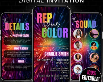 May include: A digital invitation for a "Rep Your Color" party. The invitation features a colorful, starburst background with the text "Rep Your Color" in rainbow colors. The invitation also includes details about the party, including the date, time, location, and host. The invitation is designed to be shared on social media.
