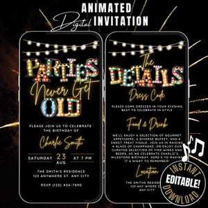 Op de afbeelding: Geanimeerde digitale uitnodiging voor een verjaardagsfeest met de tekst "Parties Never Get Old" in kleurrijke neonlichten. De uitnodiging bevat details over het feest, waaronder de datum, tijd, locatie, dresscode en eten en drinken. De achtergrond is zwart met vuurwerk.