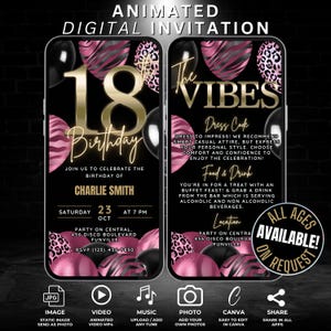 Modèle numérique d'itinéraire d'invitation d'anniversaire pour 18 ans et carte électronique de remerciement, modifiable dix-huit roses léopard imprimé Invitation vidéo de fête de 18 ans Evite