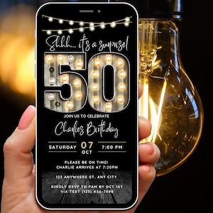 Surprise 50th Birthday Invitation for Men 50 Invite for Adults Phone Invitation Rustic Shhh Its a Surprise Invite Digital Invite for Him Guy