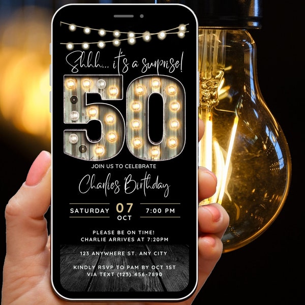 Surprise 50th Birthday Invitation for Men 50 Invite for Adults Phone Invitation Rustic Shhh Its a Surprise Invite Digital Invite for Him Guy