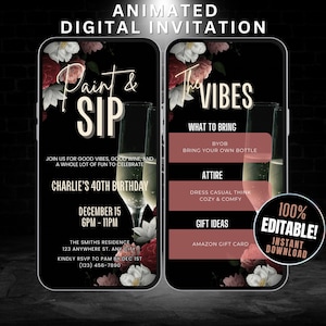 Digital Paint and Sip Einladungsvorlage, Wein & Farbe einladen, Erwachsene Geburtstag Paint Party einladen, Weinprobe Party einladen, Paint and Pour Party